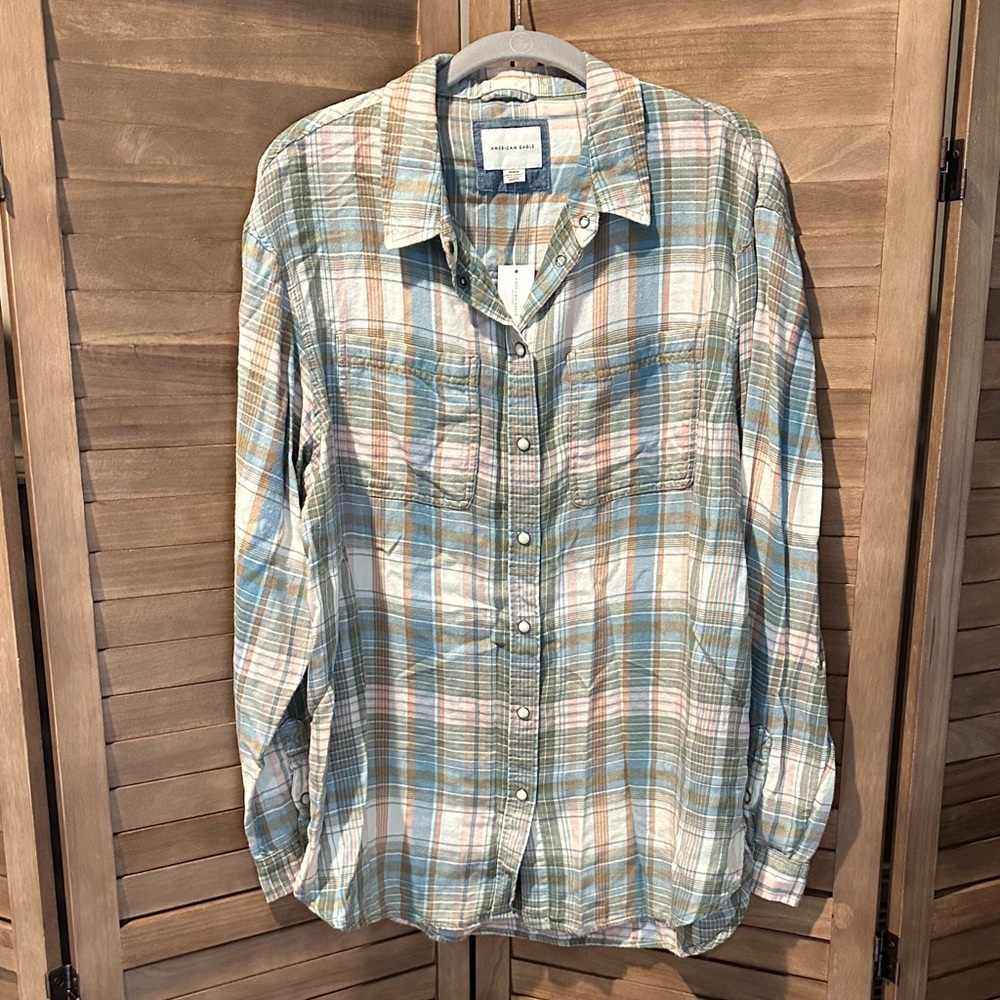 NEW ~ American Eagle Plaid Flannel Snap Button Up ~ M